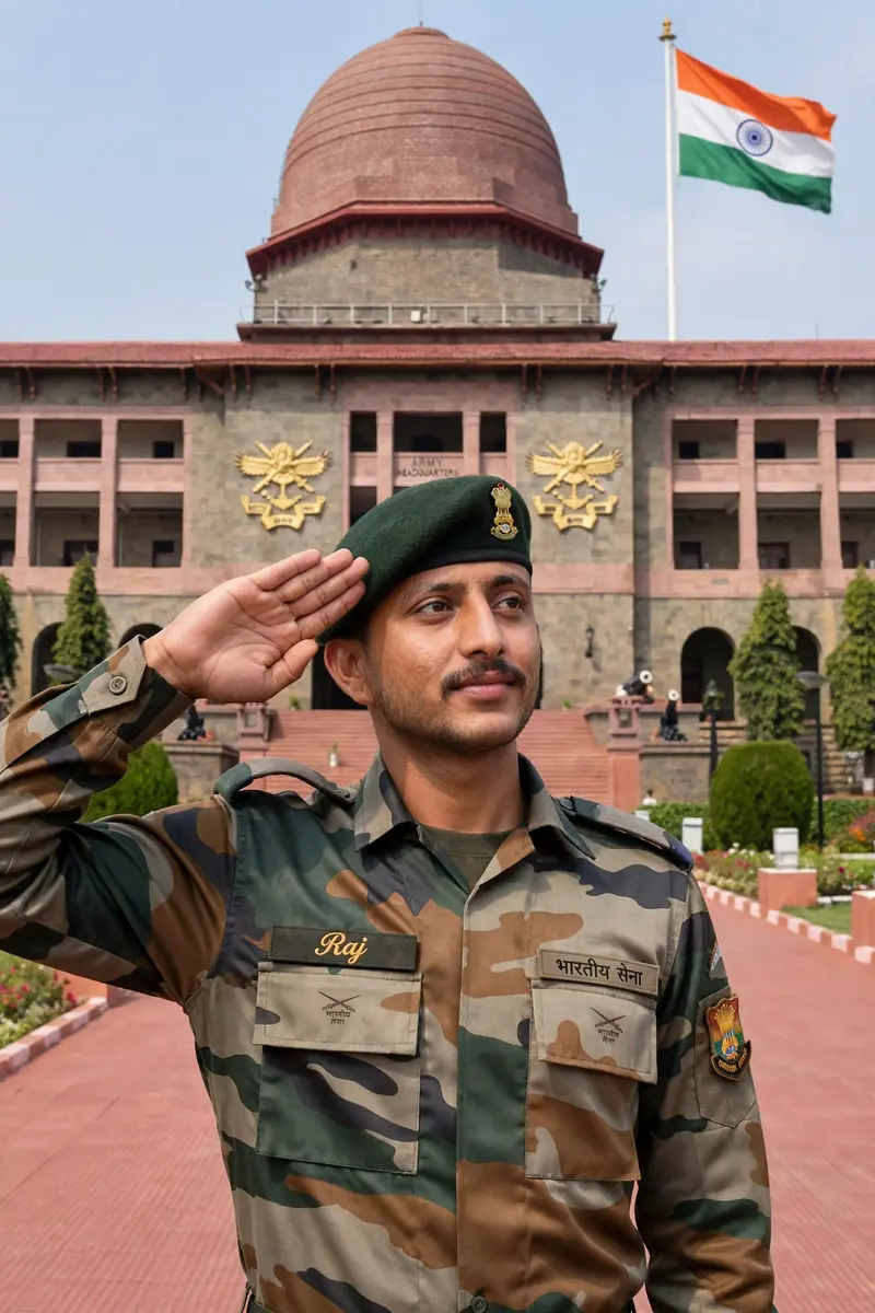 A 20 years old boy Wearing Indian Army Uniform And Salute his Country India Flag and the name written on his Uniform is "Raj" in beautiful fonts and