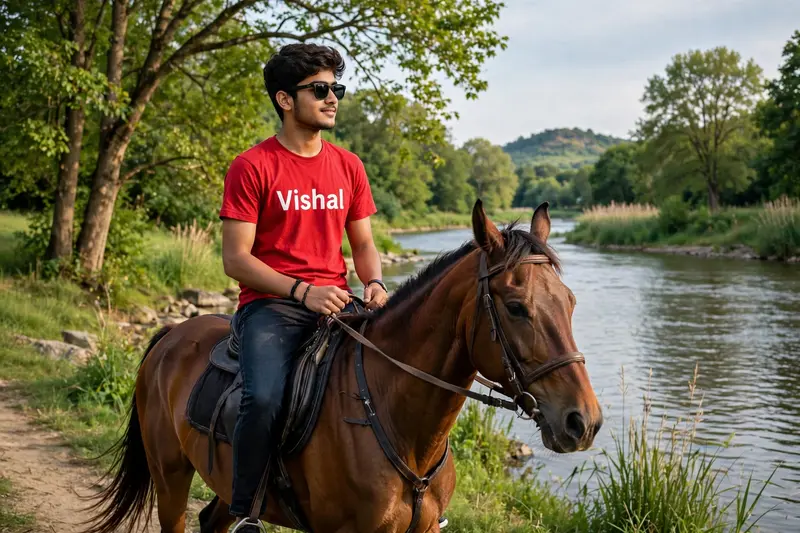 create realistic image of a 18 year old indian boy, riding a horse, view of riverfront with greenery, boy wearing black stylish glasses, looking