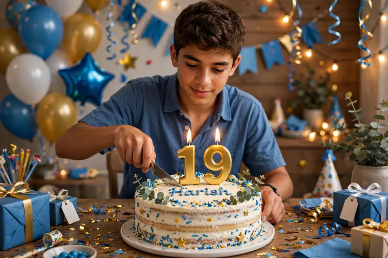 Create a 3d image in which a teenager boy cutting Cake wearing blue color shirt with Name "Harish" is written clearly on the Cake and 19 year candle