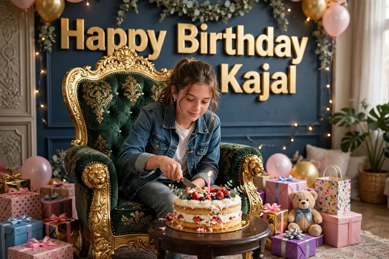 create realistic illusion image of A 16 year old girl is sitting on a king chair and she is cutting the birthday cake, there are many gifts kept next