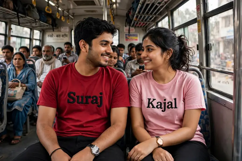create 3D realistic image of a Indian young couple sitting on a beautiful bus. many passengers are in back seats, Boy Wearing red shirt and black