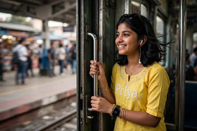 A real 16 year old Indian girl standing looking out, holding the angle of the door of a real moving train, wearing a Yellow kurti with "Priya"