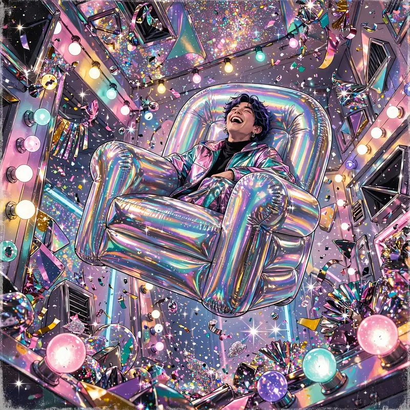 iridescent chrome-futurist illustration moment with a blow-up chair floating in a glitter room, caught mid-laugh in flash-lit glory. Candy-colored