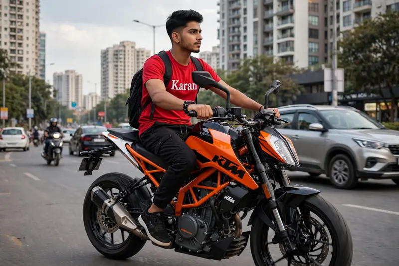 Create 3D realistic image of a 20 year old young boy, name "Karan" is written on his red t shirt. boy is looking very handsome and stylist, boy is