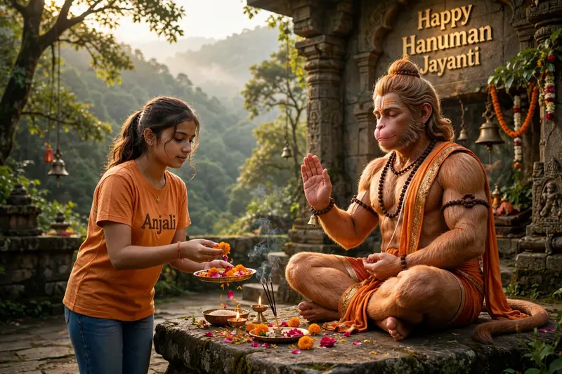 Create a Realistic High Quality image of LORD HANUMAN is depicted in meditation . Sitting on a Stone. A Realistic 18 year old girl Wearing Saffron