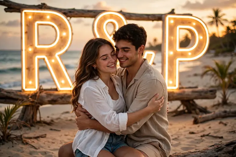 Create 3D realistic photo of a 20 year old couple, holding each other in romantic style, in background words "R & P" is written in big glowing