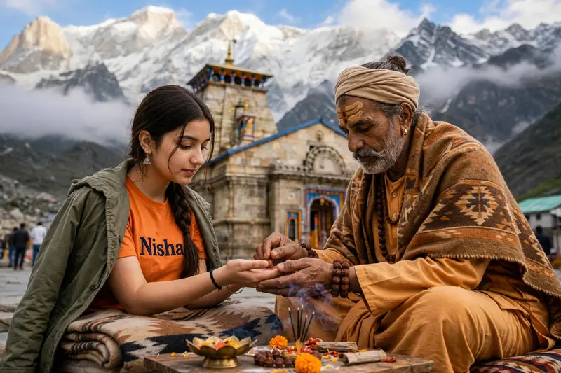 create a realistic high quality image of a 20-year-old girl sits opposite a wise pandit. Pandit ji holds hand of girl & examines the lines on the