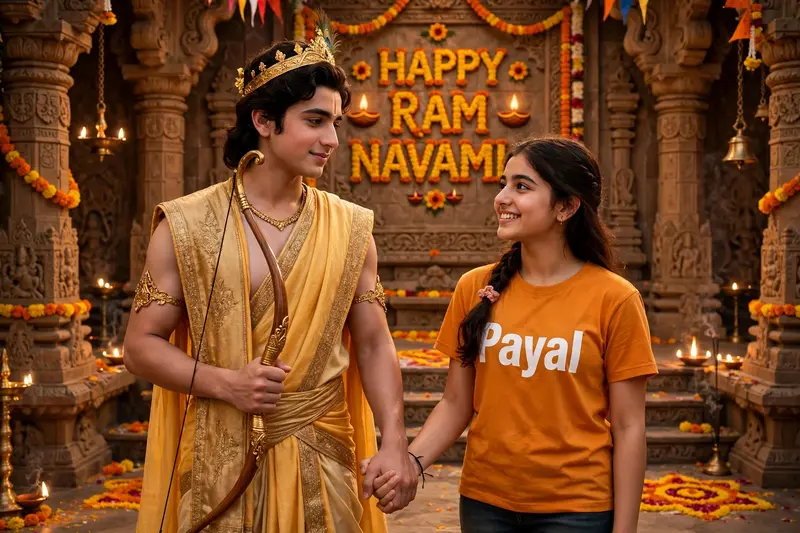 Create a picture where young Lord Rama, looking majestic with his bow, is holding hands with a teenage girl named Payal. Girl wearing a