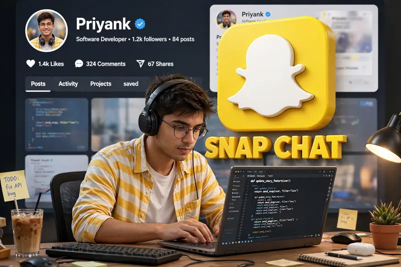 Create a 3D illustration featuring a realistic 22-year-old beautiful Boy busy Developing software in front of a 3D logo of “ SNAP CHAT ” The Boy