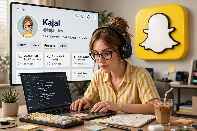 Create a 3D illustration featuring a realistic 20-year-old beautiful girl busy Developing software in front of a 3D logo of “SNAP CHAT” The girl