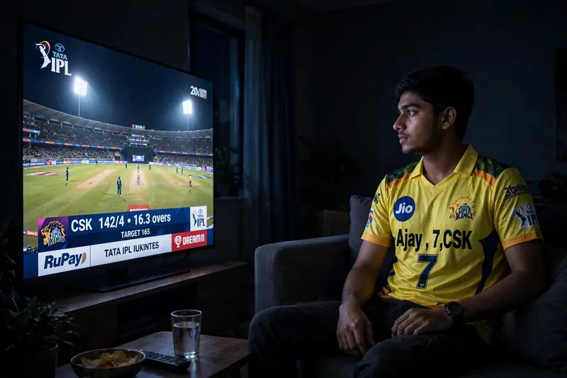 create a High quality realistic image of a 20 year old boy Watch Tata IpL on the Big Screen LED TV in a hall Room wearing CSK Team jersey on which