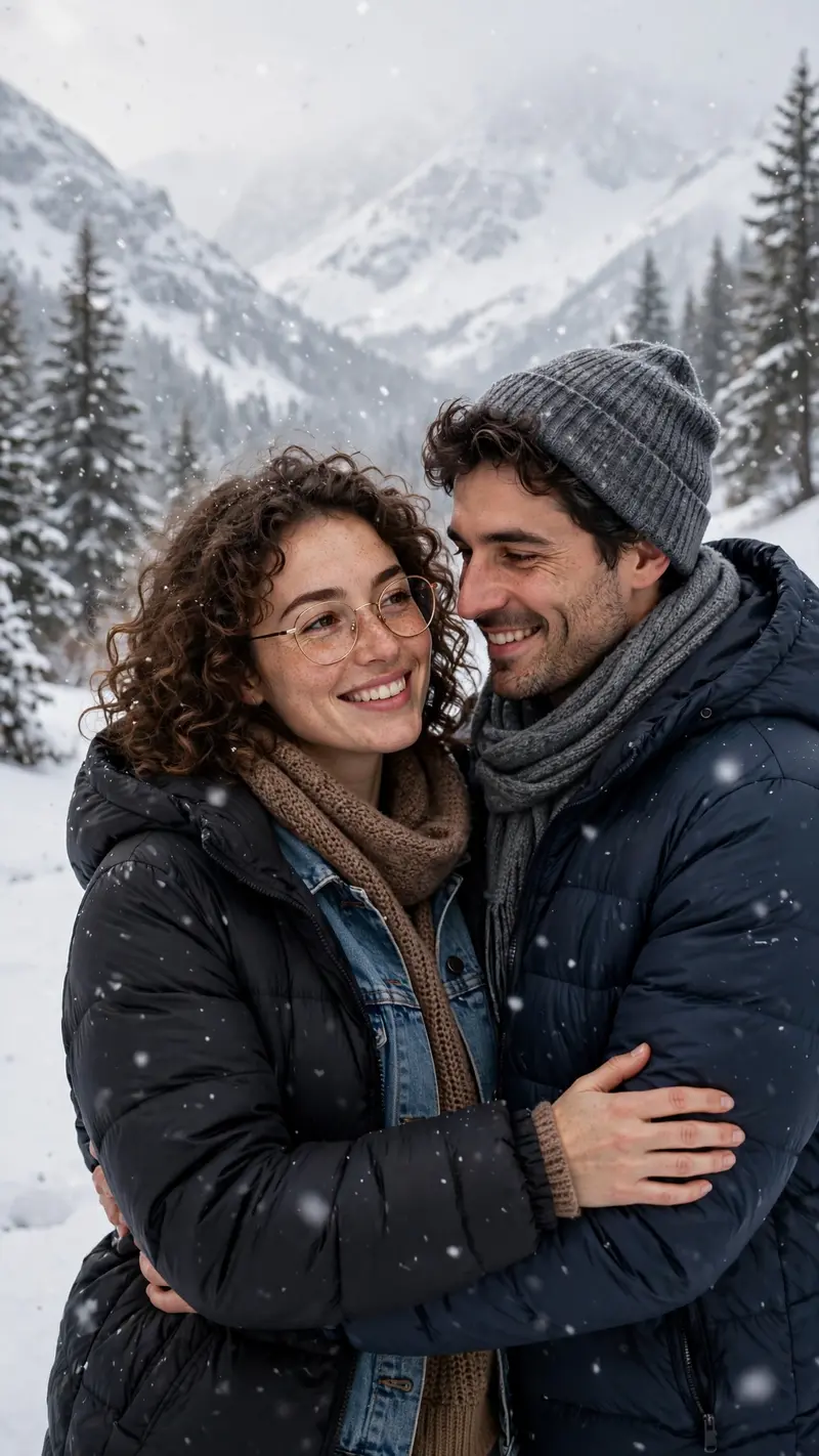 Reference my uploaded photo for the exact faces, skin tones, and features. Nothing about identities should change. Place us embracing in snowy