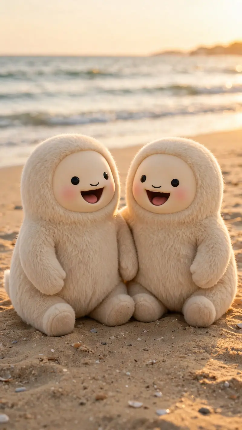 Reference my uploaded photo for the exact faces, skin tones, and features. Nothing about identities should change. Show us sitting on warm beach sand