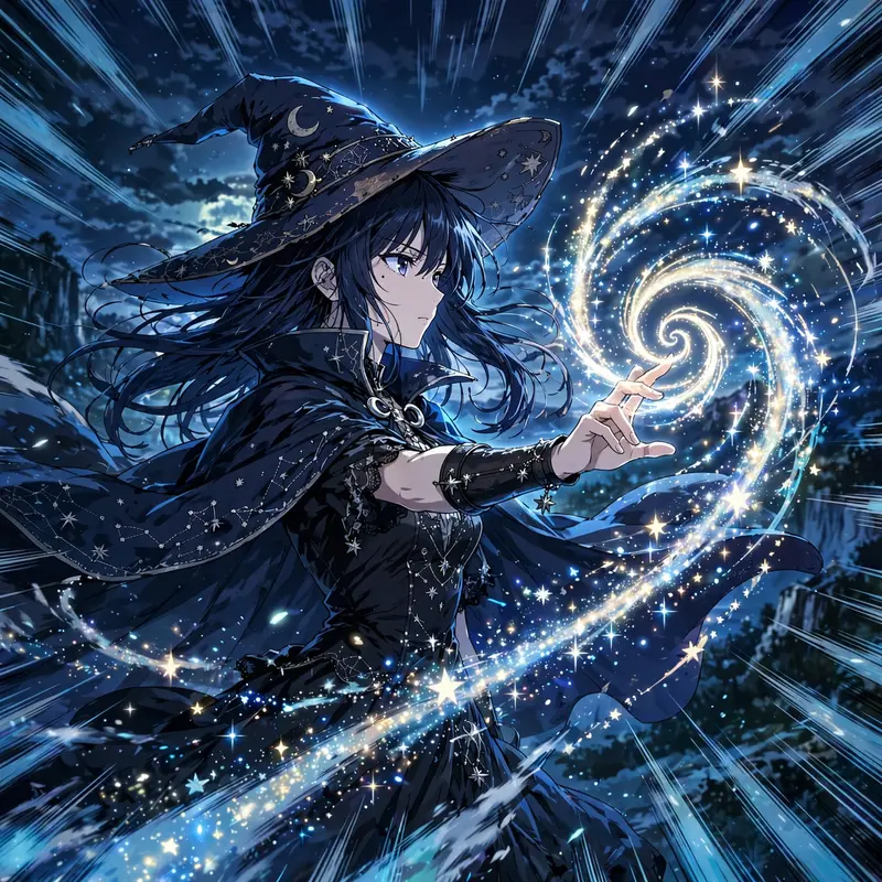 Dynamic anime key visual of a witch casting a spiral of starlight, drawn in modern shonen anime style. Moonlit blue rim light washes the scene while