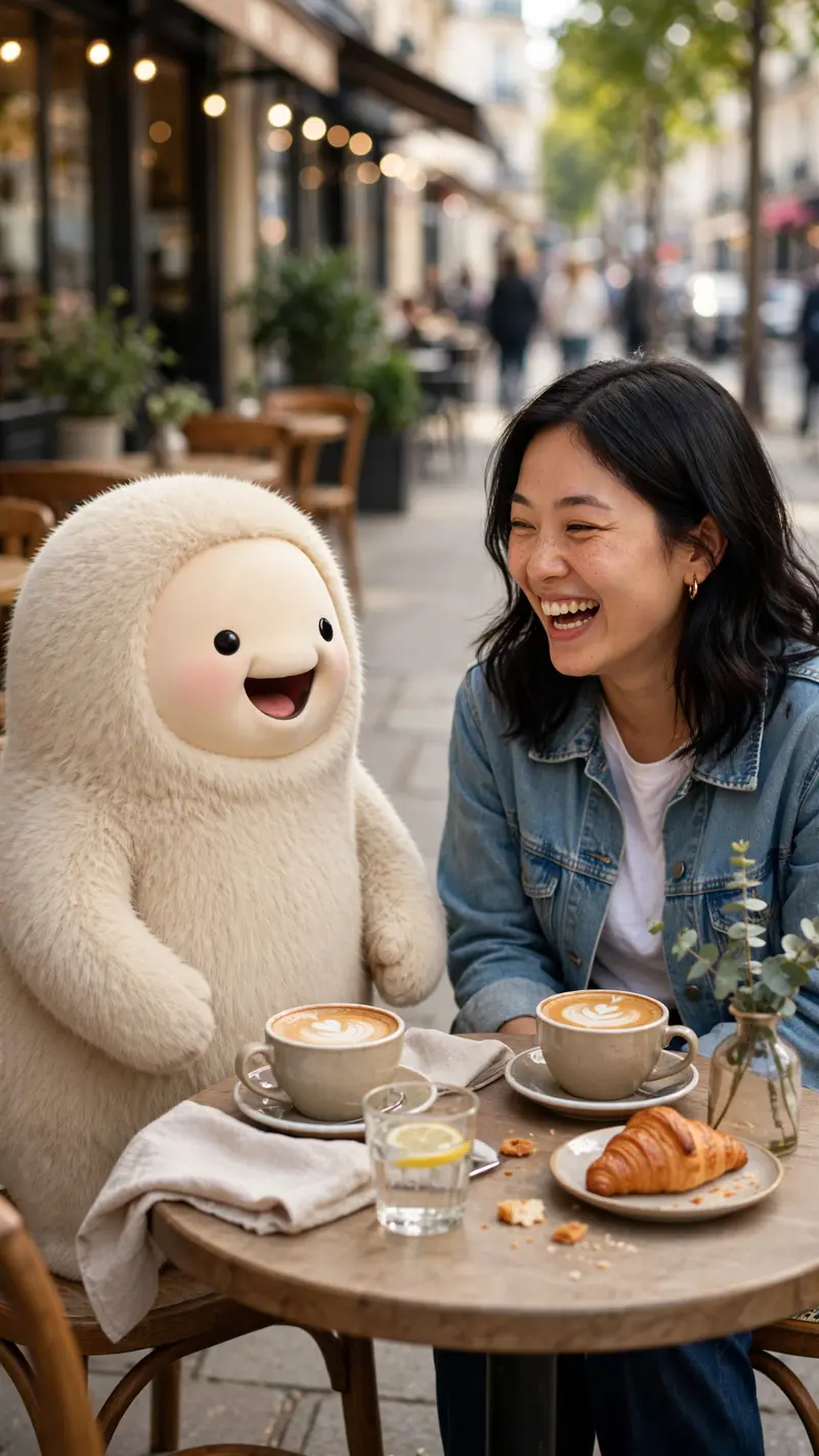 Reference my uploaded photo for the exact faces, skin tones, and features. Nothing about identities should change. Show us laughing together at an