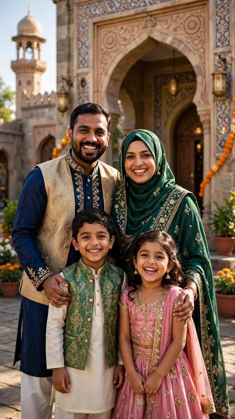 Create a vertical 9:16 portrait of a happy South Asian family in beautiful traditional Eid outfits standing outside a mosque on Eid morning. Bright