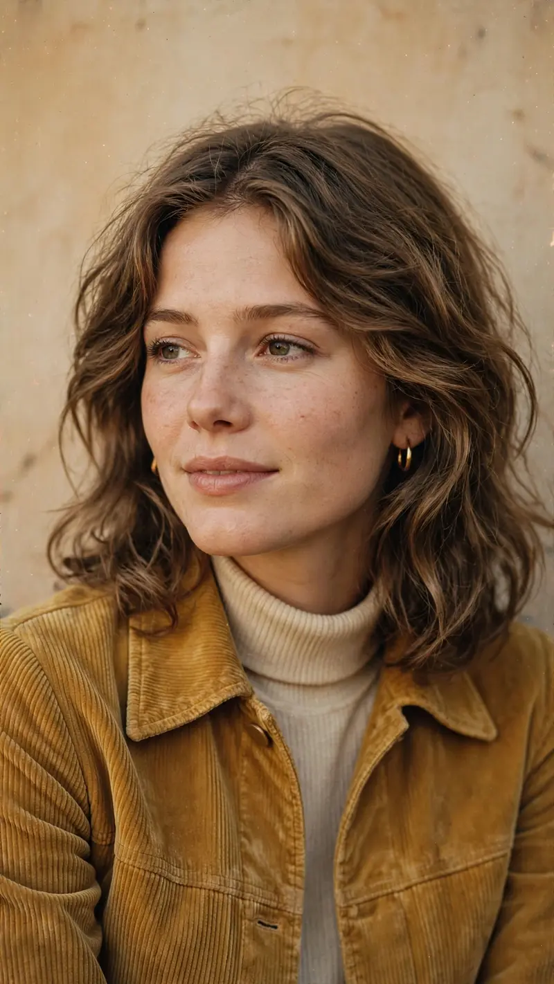 Create a vertical 9:16 retro portrait of a young woman in 1970s inspired fashion against a simple warm backdrop. Soft faded shadows, visible film