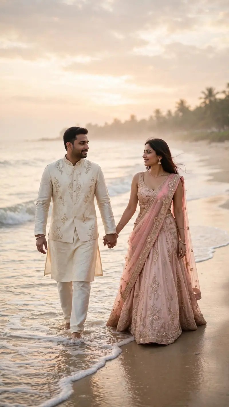 Turn into a serene pre-wedding beach photo: Indian couple walking hand in hand on a beach at sunrise, elegant outfits, gentle waves, soft morning