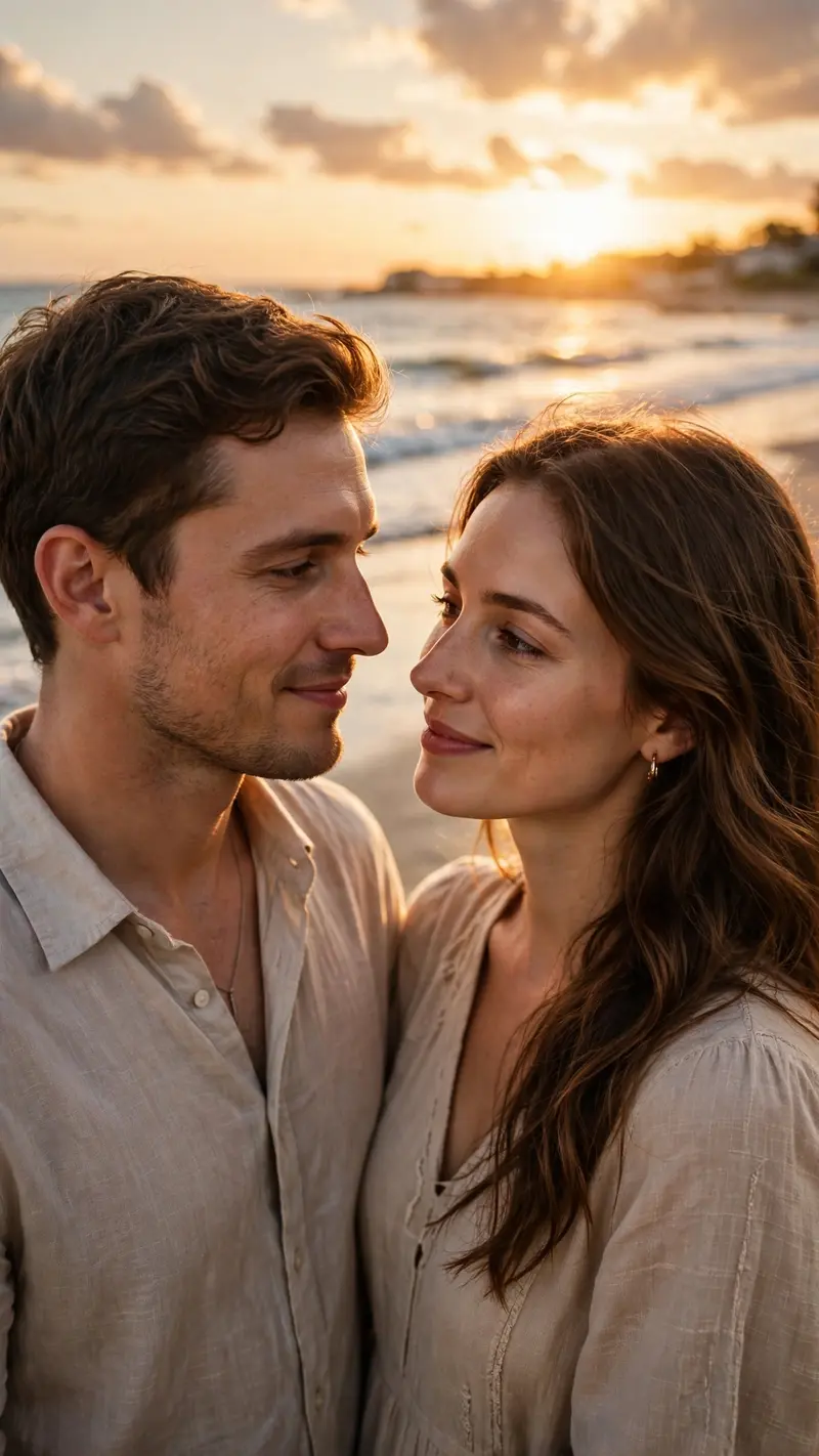 Create a vertical 9:16 portrait of a romantic couple standing close on a beach at sunset. Warm golden glow on their faces, gentle waves behind