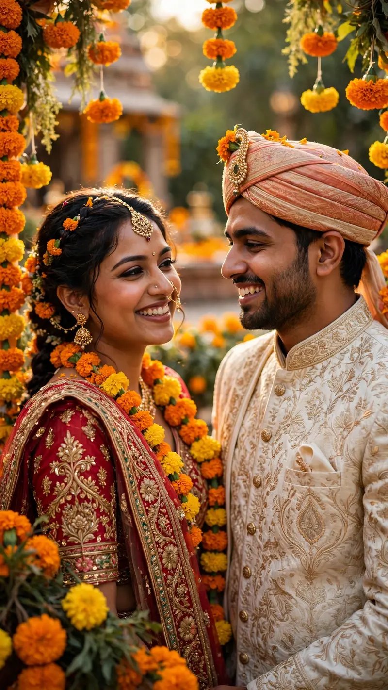 Create a vertical 9:16 portrait of a South Asian bride and groom in traditional wedding outfits surrounded by vibrant marigold flower decor. Joyful