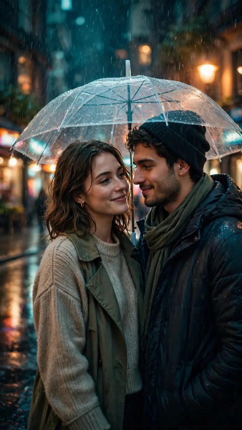 Create a vertical 9:16 portrait of a romantic couple sharing a transparent umbrella on a rainy city street at night. Soft rain drops visible in warm
