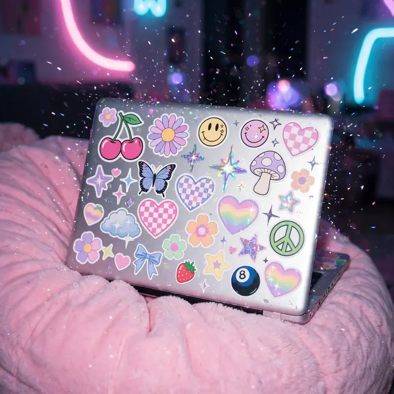 Playful glossy Y2K digicam aesthetic portrait of a sticker-covered laptop on a beanbag, glitter drifting through the air. Neon-sign pastel wash