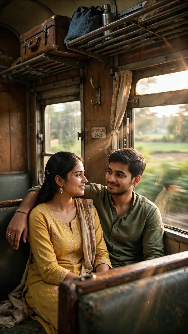 Create an ultra-realistic cinematic photograph of a young Indian couple sitting together inside a vintage train compartment during a peaceful