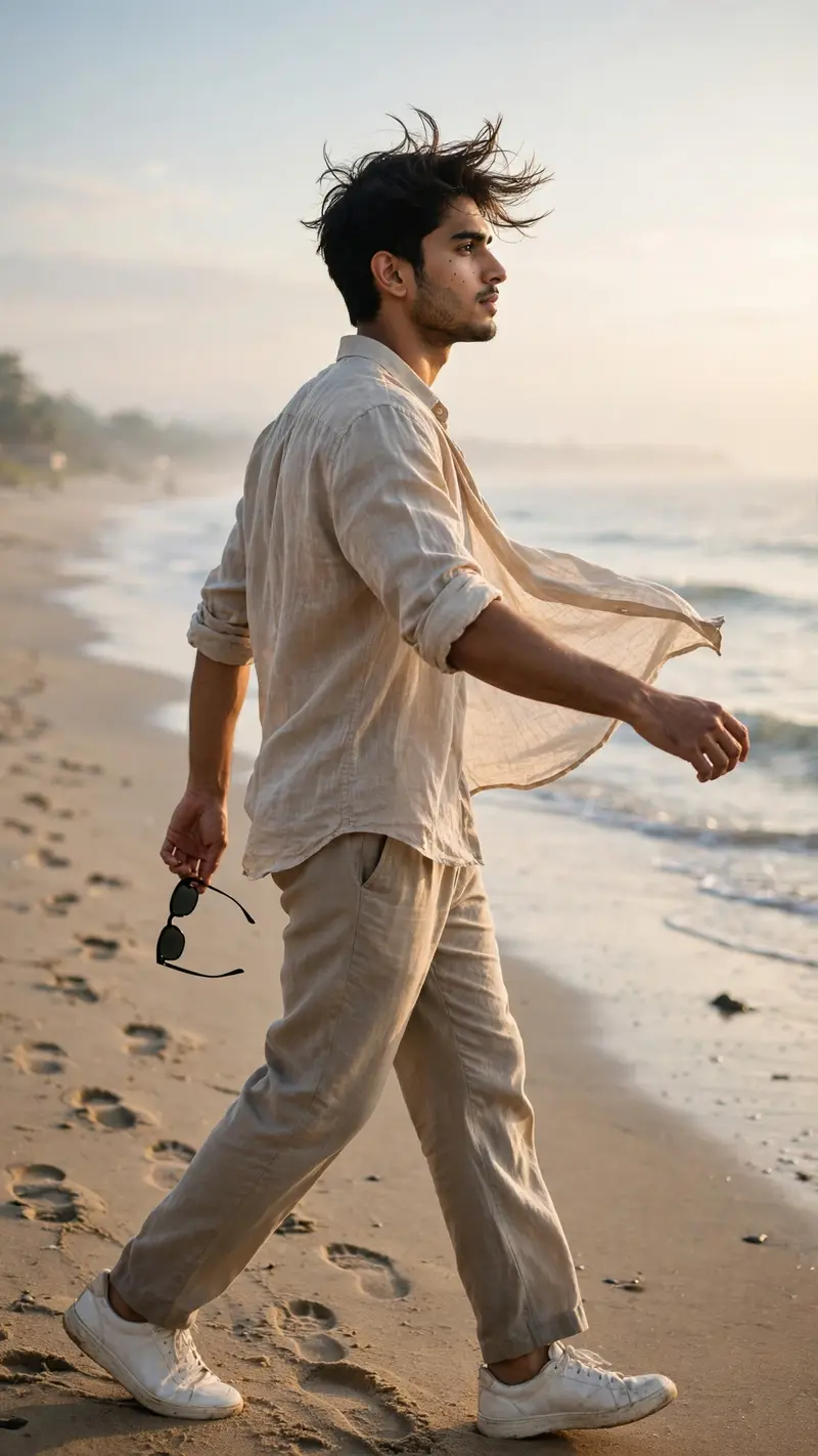 Create an ultra-realistic cinematic Instagram photograph of a handsome young Indian man walking along a peaceful beach during early morning, captured
