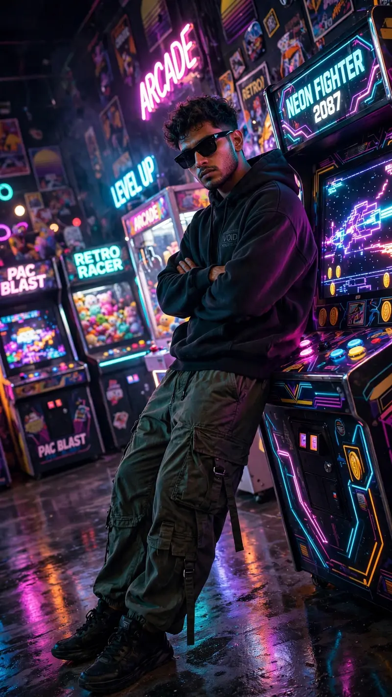 Create an ultra-realistic futuristic Instagram fashion photograph of a young Indian man standing inside a colorful retro arcade at night, captured