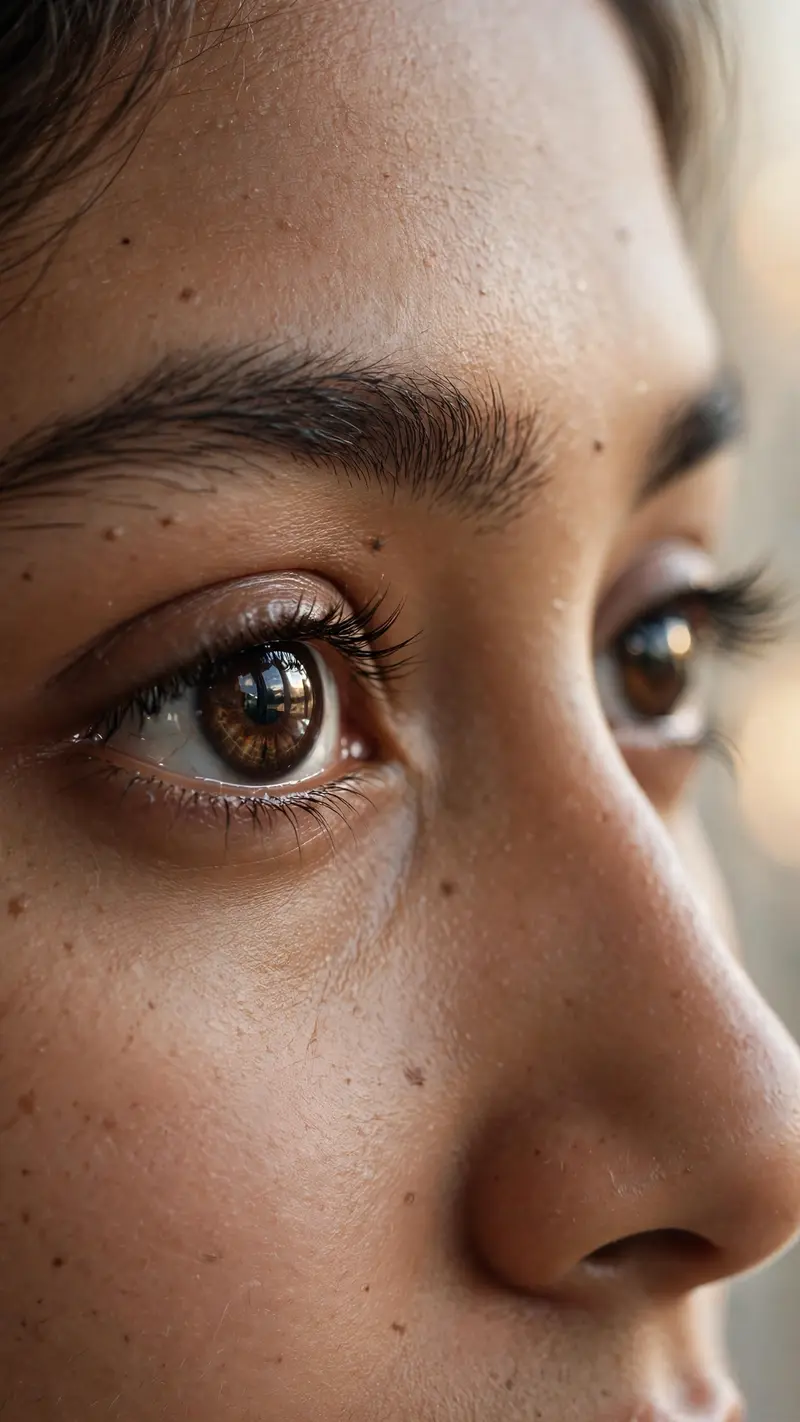 Create an ultra-realistic extreme close-up portrait of a beautiful young Indian woman, focusing primarily on her expressive eyes. Capture highly