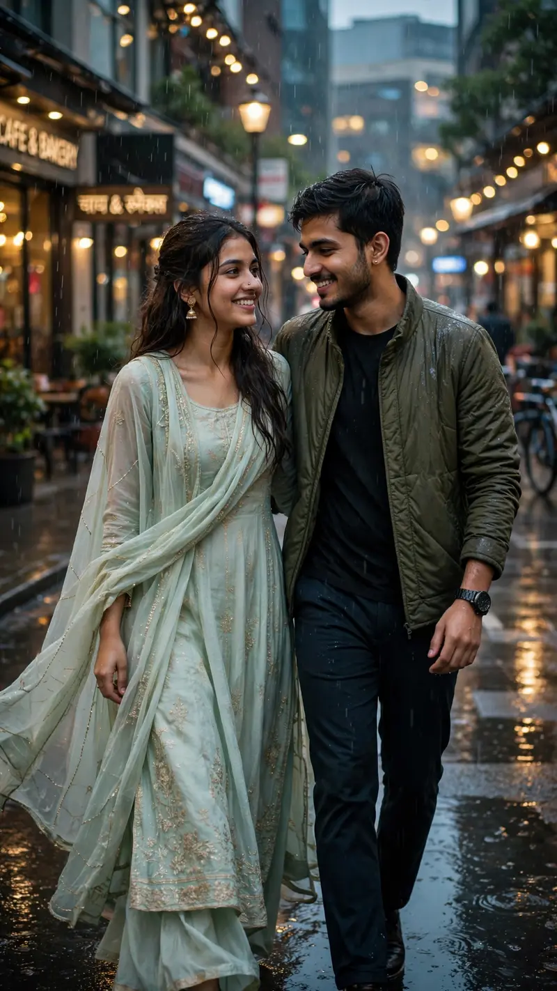 Create an ultra-realistic cinematic photograph of a young Indian couple walking together on a beautiful city street after rain. The woman wears an