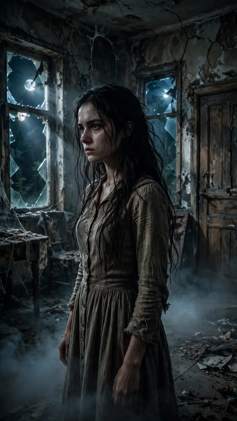 Create an ultra-realistic cinematic horror scene featuring a mysterious young woman standing inside an abandoned old house at night. She has long