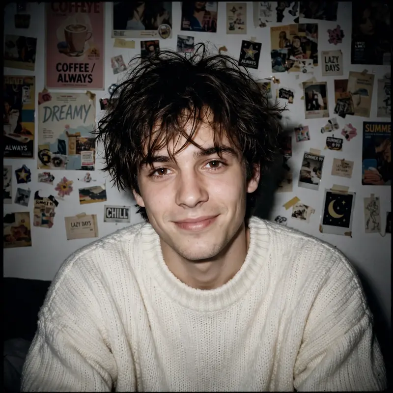Without changing his original face, create a portrait of a young man captured with a 1990s-style camera using a direct front flash. His messy dark