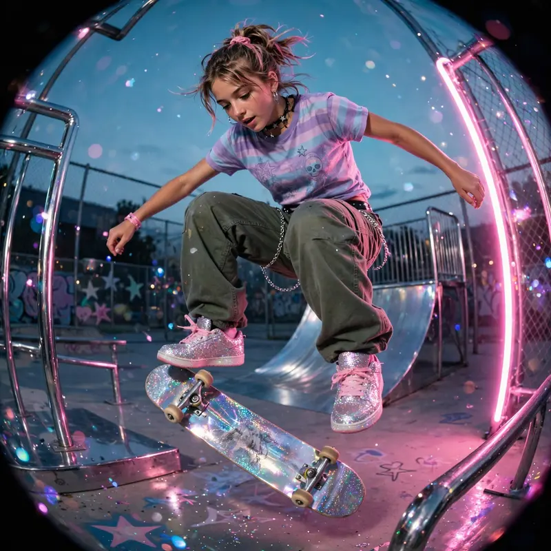 early-2000s teen magazine photography snapshot of a glitter-sneaker skater mid-kickflip, pure millennium-era energy. Soft bubblegum-pink key light