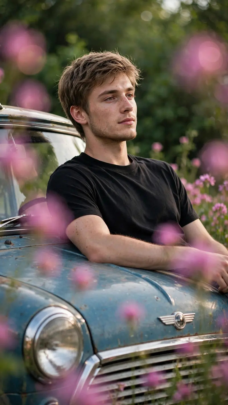 Ultra-realistic editorial close-up portrait, vertical 9:16. A young man, using the uploaded image as the face reference, sits relaxed on the hood of