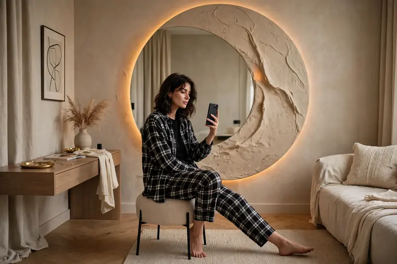 Transform this mirror selfie into a stylish editorial fashion scene. Replace the existing mirror with a large sculptural circular mirror featuring a