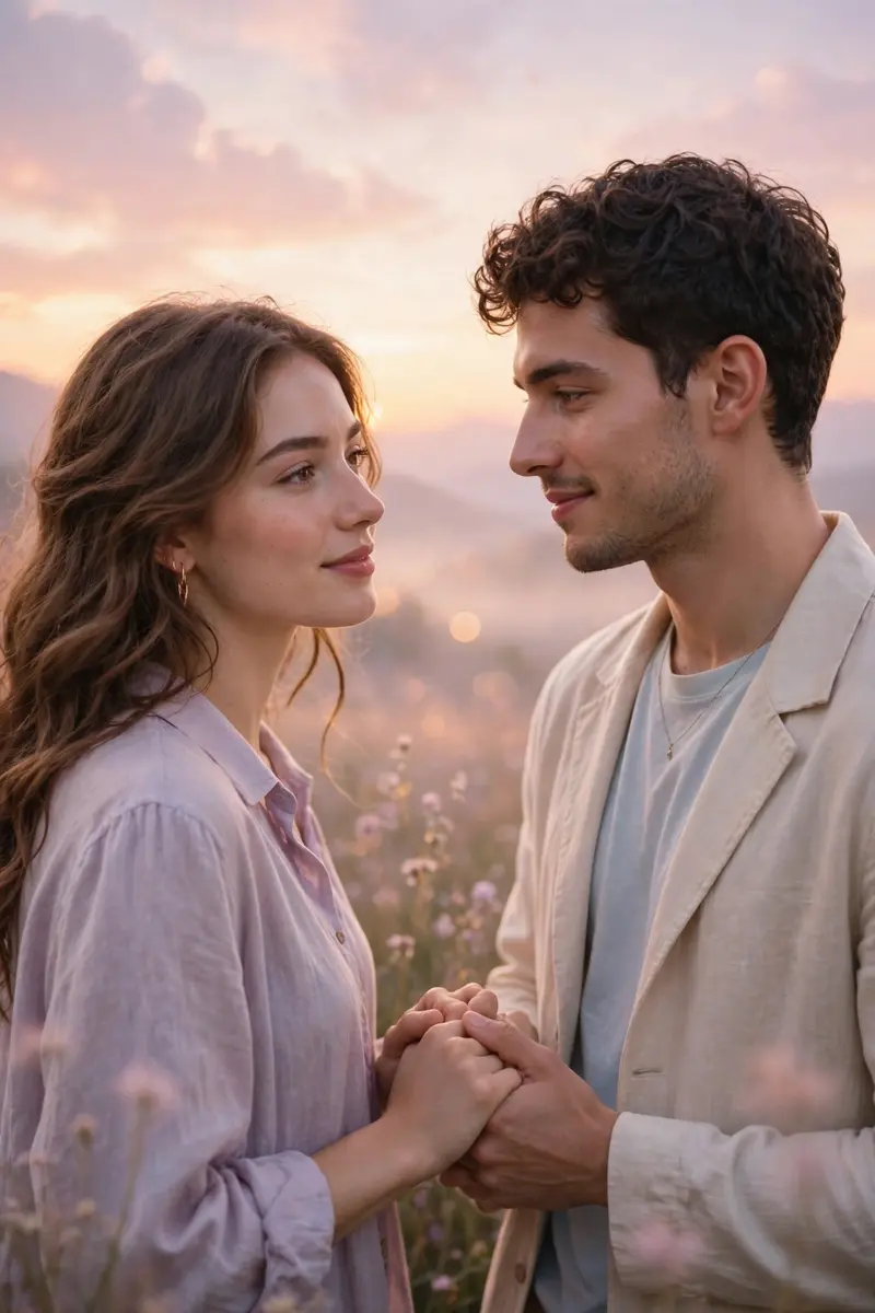 Create a romantic couple portrait in soft pastel tones, sunset background, holding hands, dreamy cinematic aesthetic