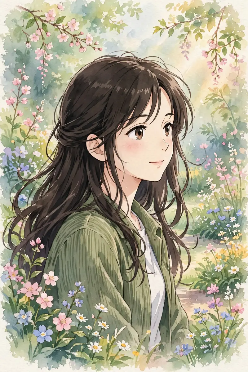 Repaint this photo as a hand-painted Japanese-animation-inspired frame set in a peaceful flower garden. Use delicate watercolor washes, fine