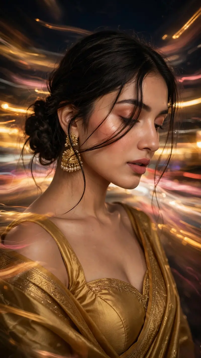 Create a portrait with intentional motion blur, like a long-exposure shot, framed moderately close rather than an extreme close-up. She wears a