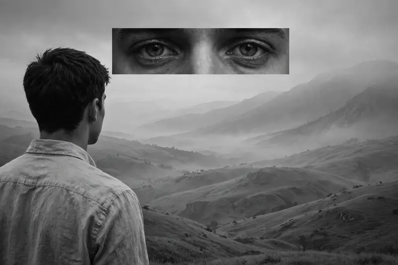 Monochrome, surreal composition: a young man seen from behind on the left, short dark hair, light collared shirt, facing a hazy mountainous