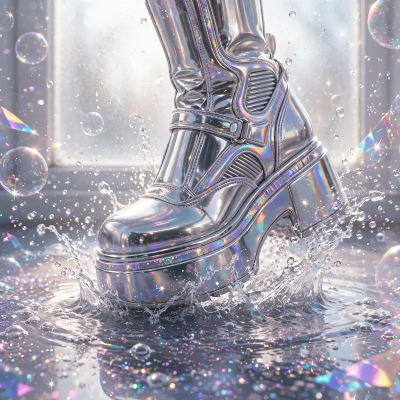 Dreamy nostalgic Y2K digital art scene featuring a chrome platform boot stomping a puddle, surrounded by bubbles and sparkle. Frosted window daylight