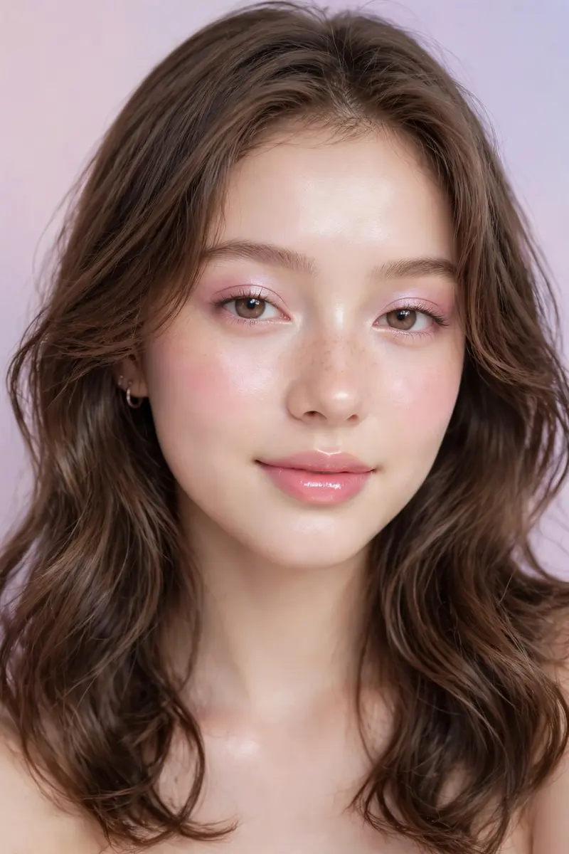 Transform this photo into a glowing skin, soft studio-lit portrait of a girl with aesthetic makeup, pastel background, Instagram-ready look