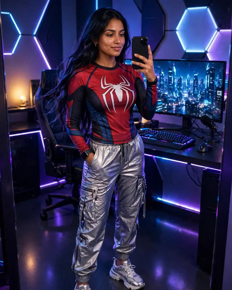 full-body mirror selfie of a young South Asian woman in a futuristic gaming room, phone in one hand, other hand resting in her pocket. Long flowing