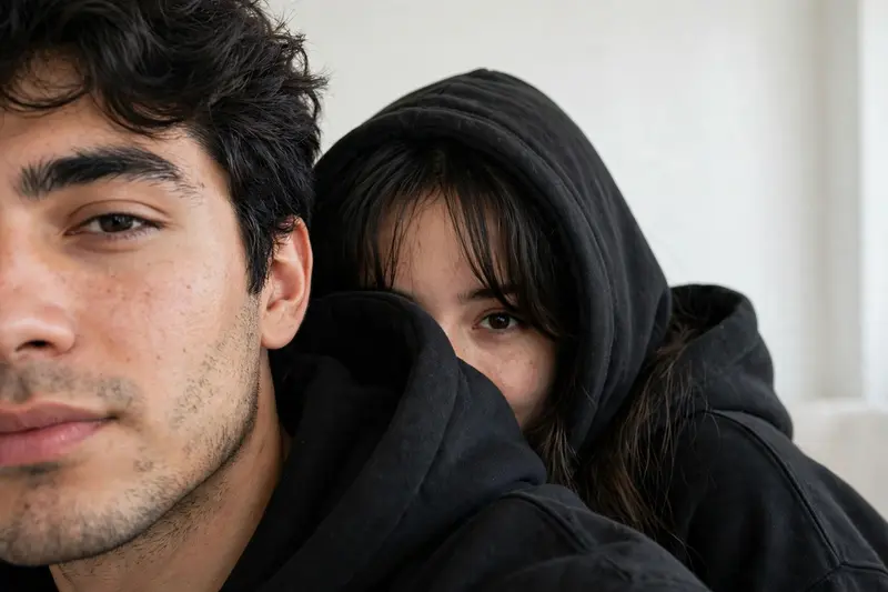 Ultra-realistic close-up couple selfie, only half the man’s face visible on the left, while the woman hides shyly behind his shoulder, showing one