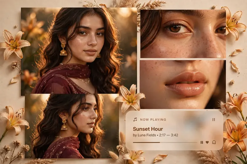 A warm-toned cinematic portrait collage of a young woman with soft glowing skin, subtle freckles, and glossy nude lips. She has long dark brown hair