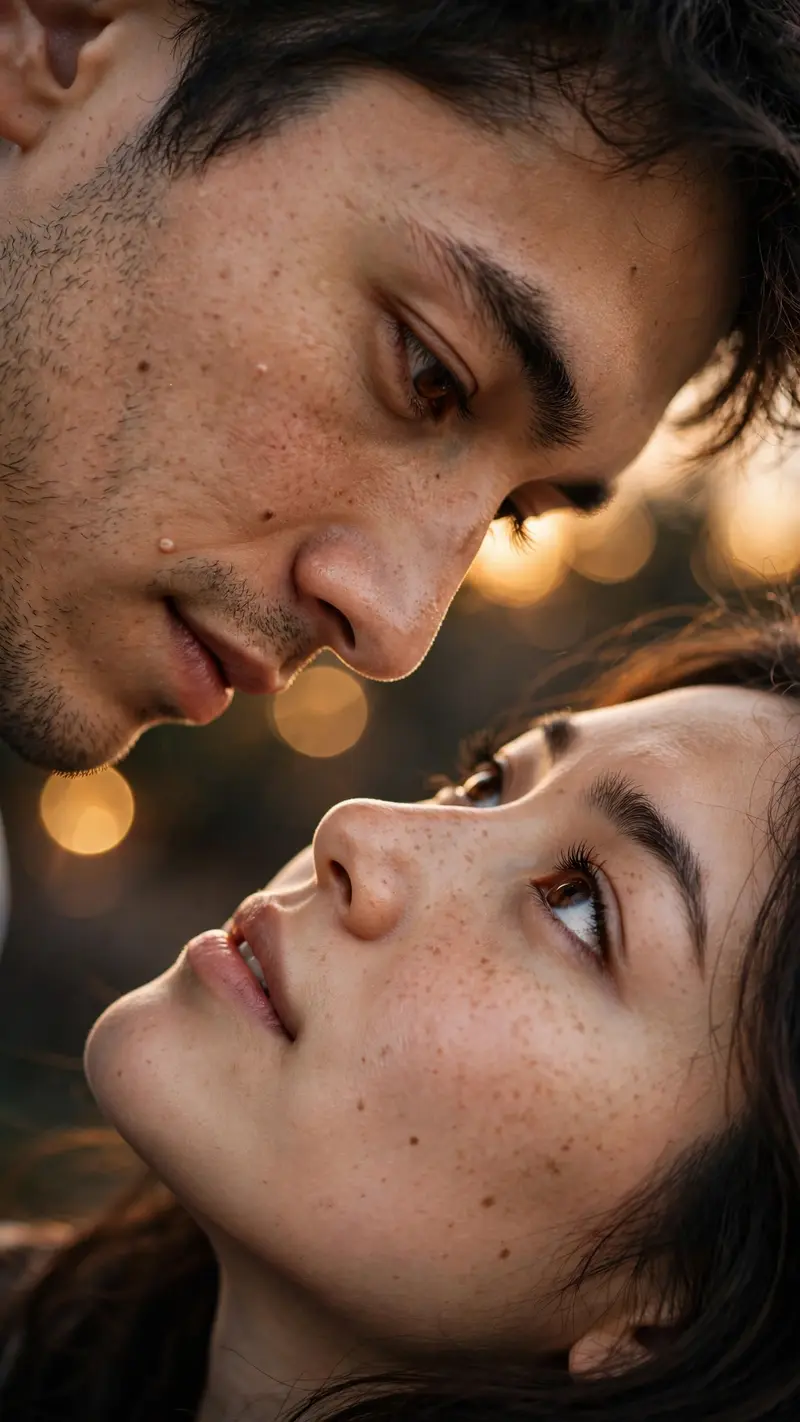 Create an ultra-realistic, highly detailed vertical 9:16 romantic close-up portrait of a young adult couple, inspired by the reference image. Show