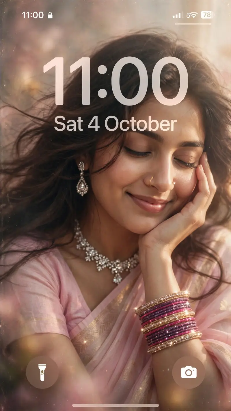 Create a screenshot of an iPhone lock screen featuring a dreamy, ethereal extreme close-up portrait of a woman. The lock screen UI displays the date