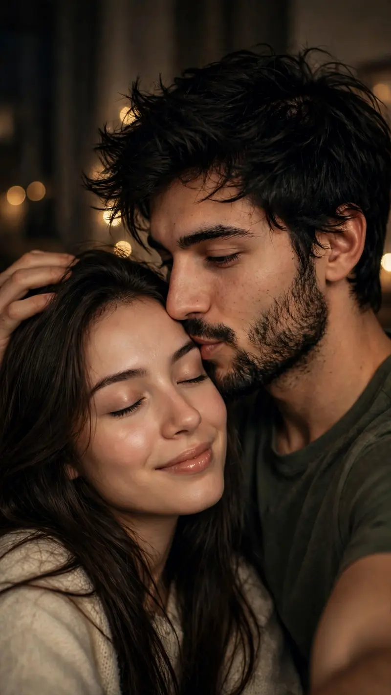 romantic close-up selfie of a young couple cuddling cheek-to-cheek in a dimly lit room. The handsome young man has thick, slightly messy black hair