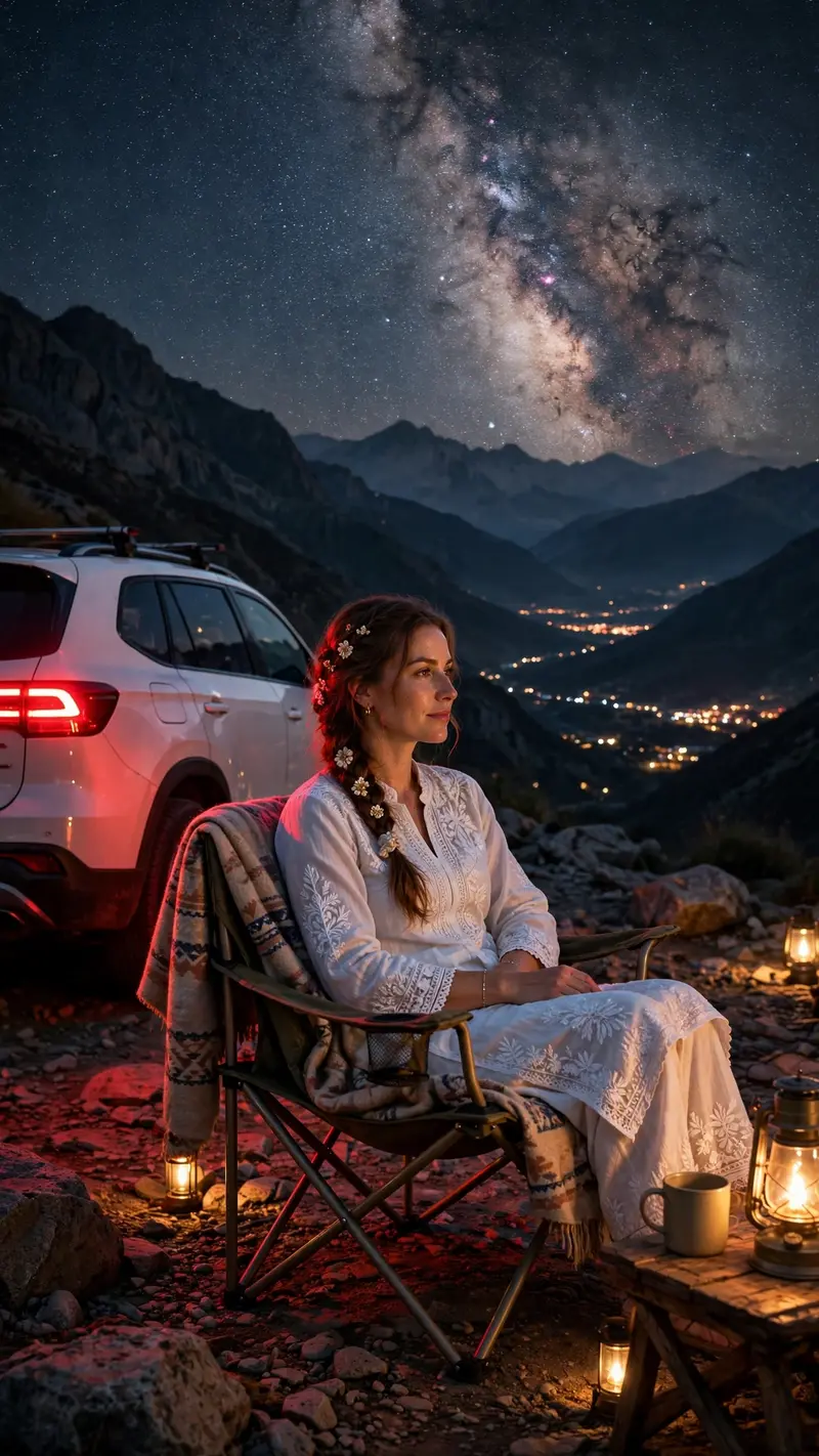 Transform my uploaded photo into an ultra-realistic cinematic nighttime mountain scene. STRICT IDENTITY & OUTFIT LOCK: Keep the person's face, facial