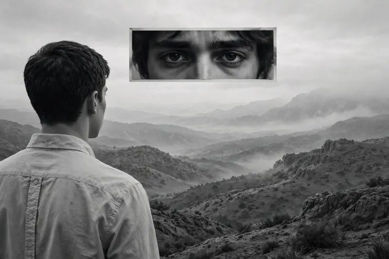 A monochrome, surreal artistic composition featuring a young male seen from behind, positioned on the left side of the frame. He has short, dark hair